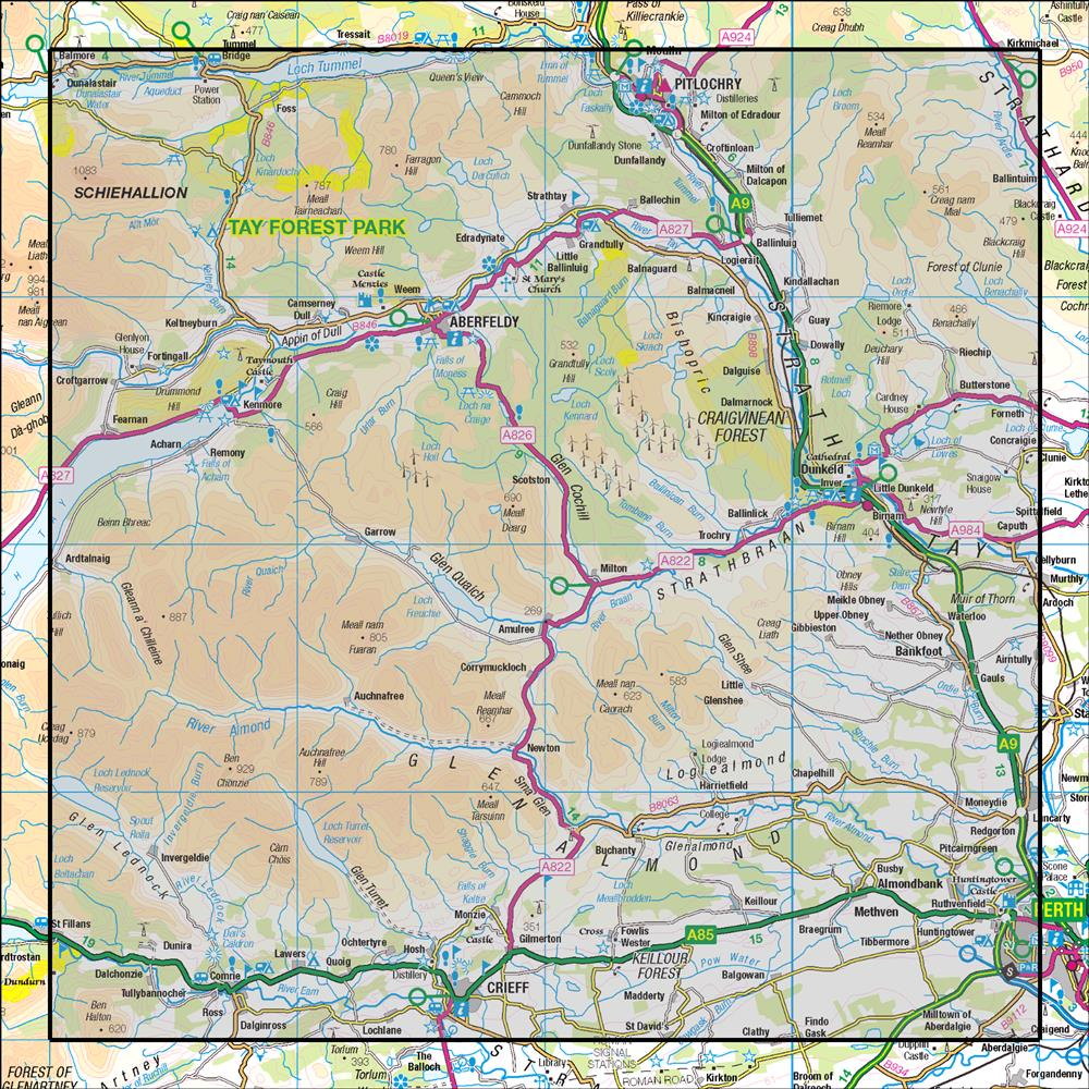 Outdoor Map Navigator image showing the area of the 1:50,000 scale Ordnance Survey Landranger map 52 Pitlochry & Crieff Aberfeldy