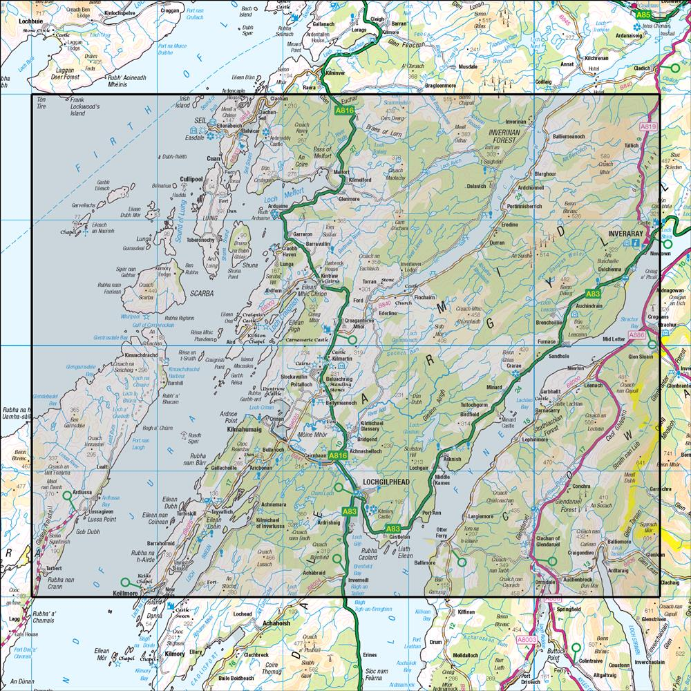 Outdoor Map Navigator image showing the area of the 1:50,000 scale Ordnance Survey Landranger map 55 Lochgilphead & Loch Awe