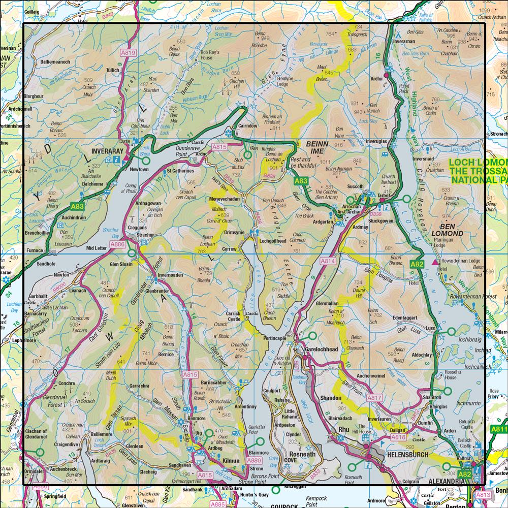 Outdoor Map Navigator image showing the area of the 1:50,000 scale Ordnance Survey Landranger map 56 Loch Lomond & Inveraray
