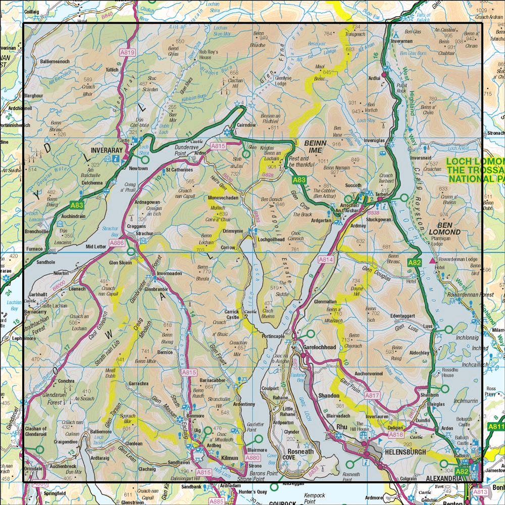 Outdoor Map Navigator image showing the area of the 1:50,000 scale Ordnance Survey Landranger map 56 Loch Lomond & Inveraray