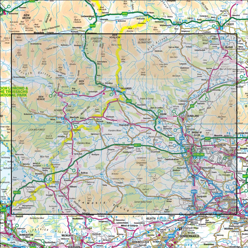 Outdoor Map Navigator image showing the area of the 1:50,000 scale Ordnance Survey Landranger map 57 Stirling & The Trossachs