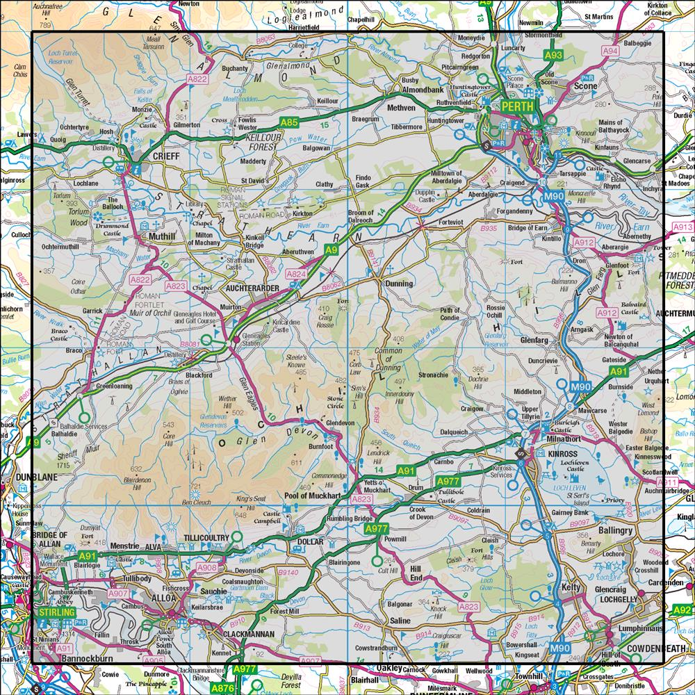 Outdoor Map Navigator image showing the area of the 1:50,000 scale Ordnance Survey Landranger map 58 Perth & Alloa Auchterarder