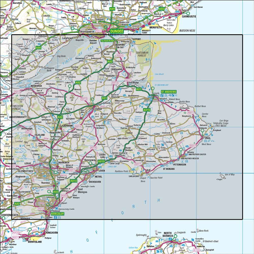 Outdoor Map Navigator image showing the area of the 1:50,000 scale Ordnance Survey Landranger map 59 St Andrews Kirkcaldy & Glenrothes