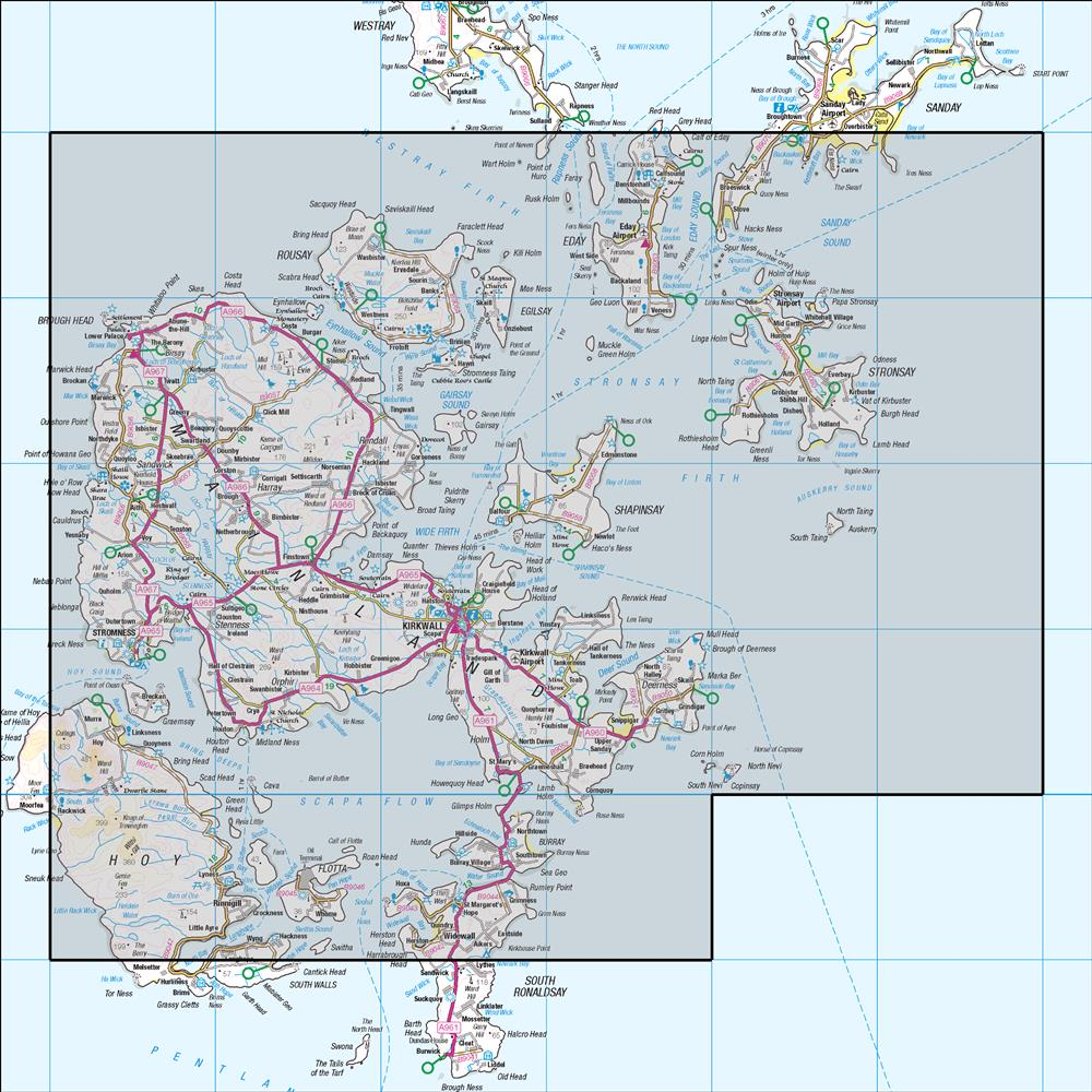 Outdoor Map Navigator image showing the area of the 1:50,000 scale Ordnance Survey Landranger map 6 Orkney Mainland