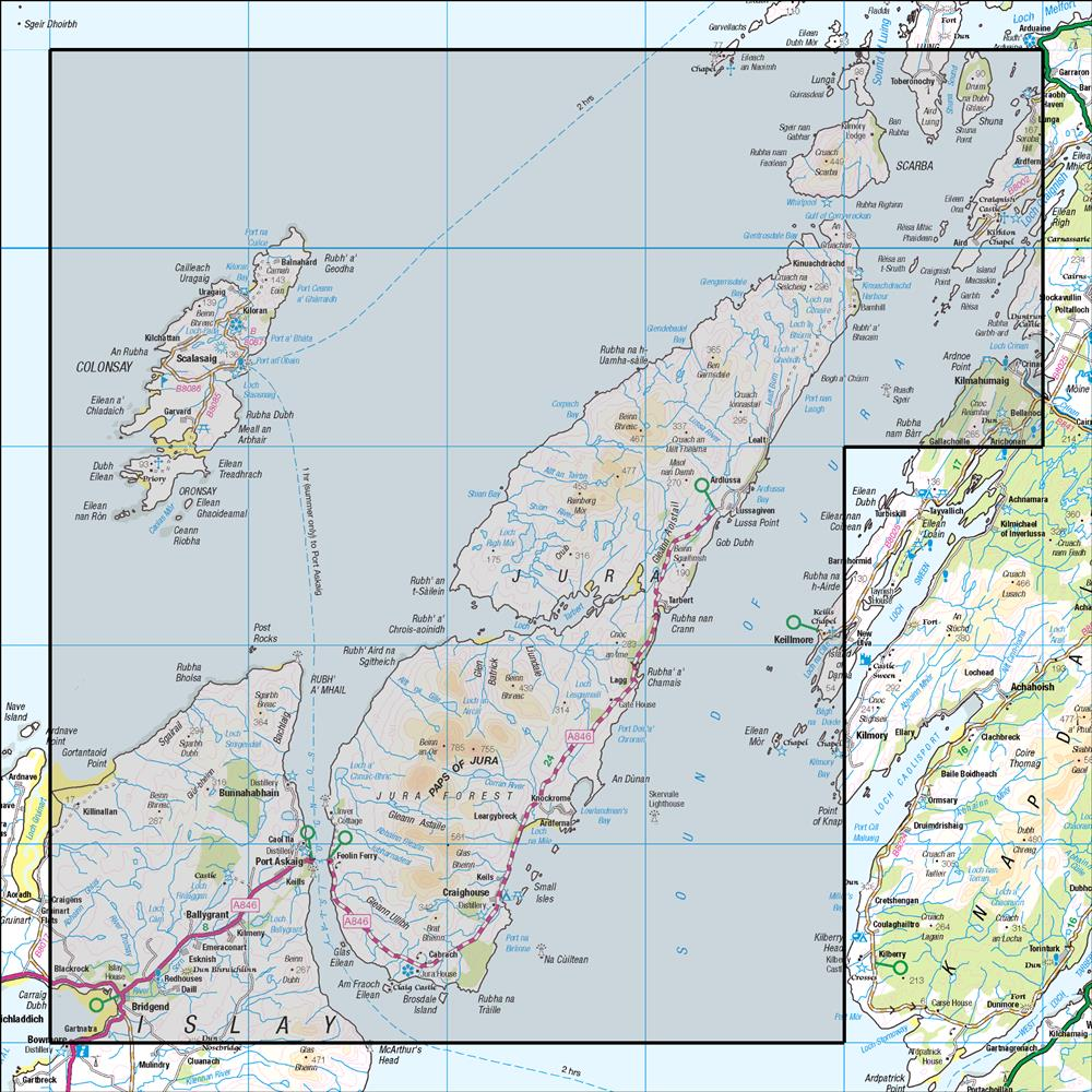 Outdoor Map Navigator image showing the area of the 1:50,000 scale Ordnance Survey Landranger map 61 Jura & Colonsay