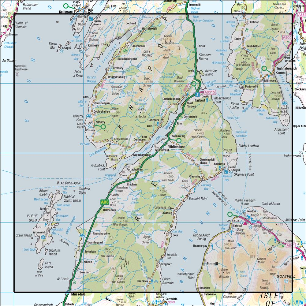 Outdoor Map Navigator image showing the area of the 1:50,000 scale Ordnance Survey Landranger map 62 North Kintyre & Tarbert