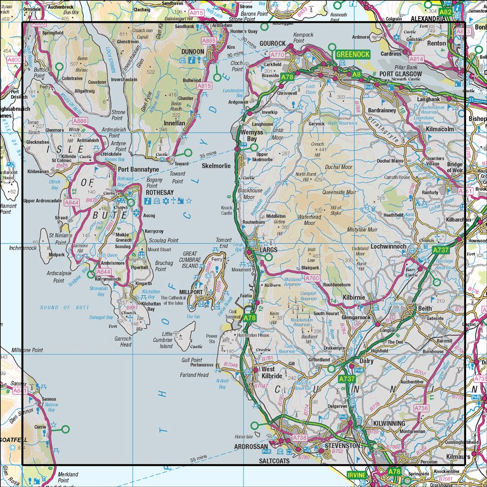 Outdoor Map Navigator image showing the area of the 1:50,000 scale Ordnance Survey Landranger map 63 Firth of Clyde Greenock & Rothesay