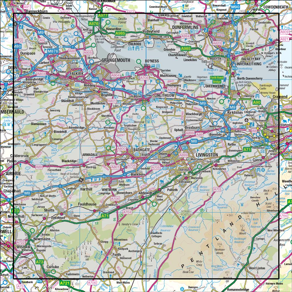 Outdoor Map Navigator image showing the area of the 1:50,000 scale Ordnance Survey Landranger map 65 Falkirk & Linlithgow Dunfermline