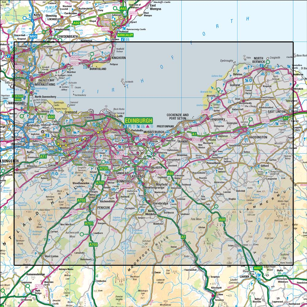 Outdoor Map Navigator image showing the area of the 1:50,000 scale Ordnance Survey Landranger map 66 Edinburgh Penicuik & North Berwick