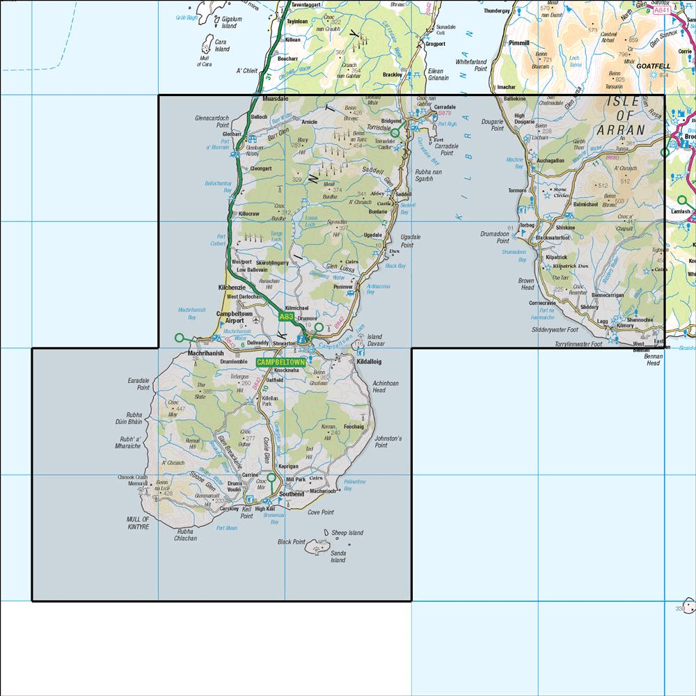 Outdoor Map Navigator image showing the area of the 1:50,000 scale Ordnance Survey Landranger map 68 South Kintyre & Campbeltown