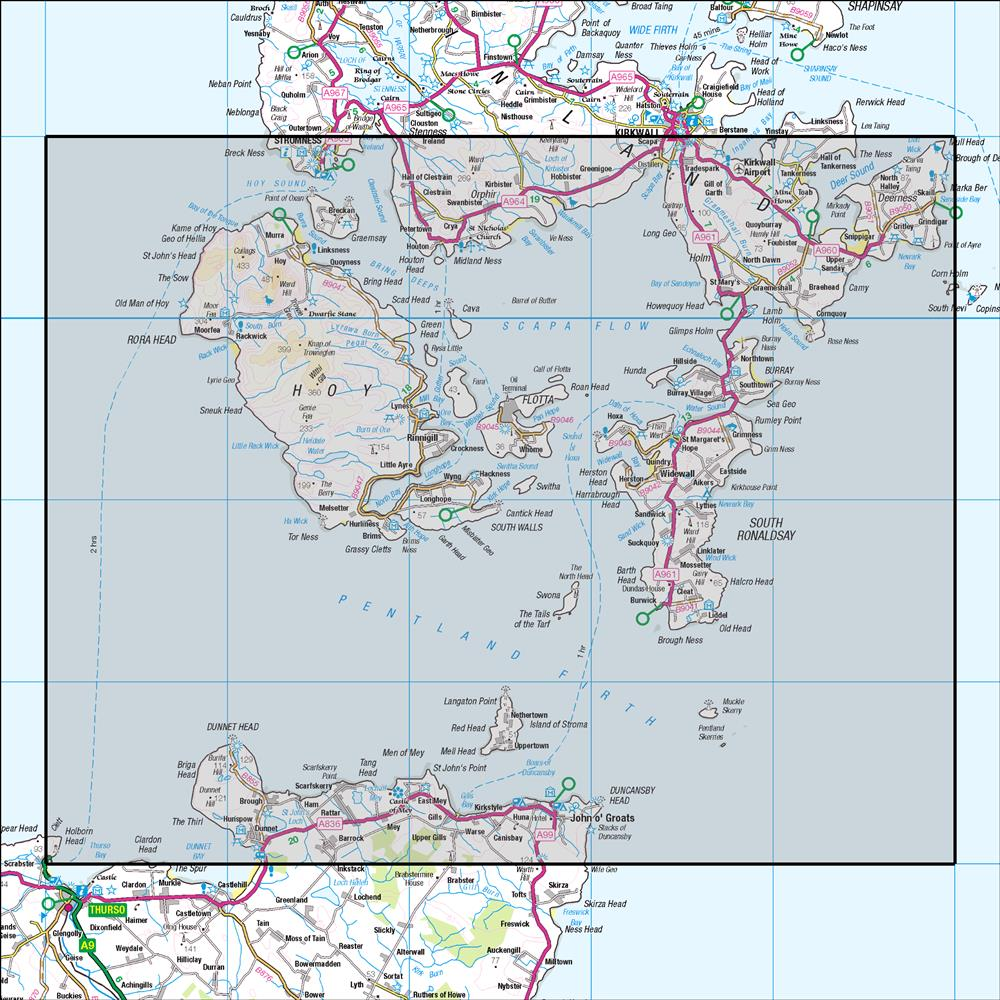 Outdoor Map Navigator image showing the area of the 1:50,000 scale Ordnance Survey Landranger map 7 Orkney Southern Isles