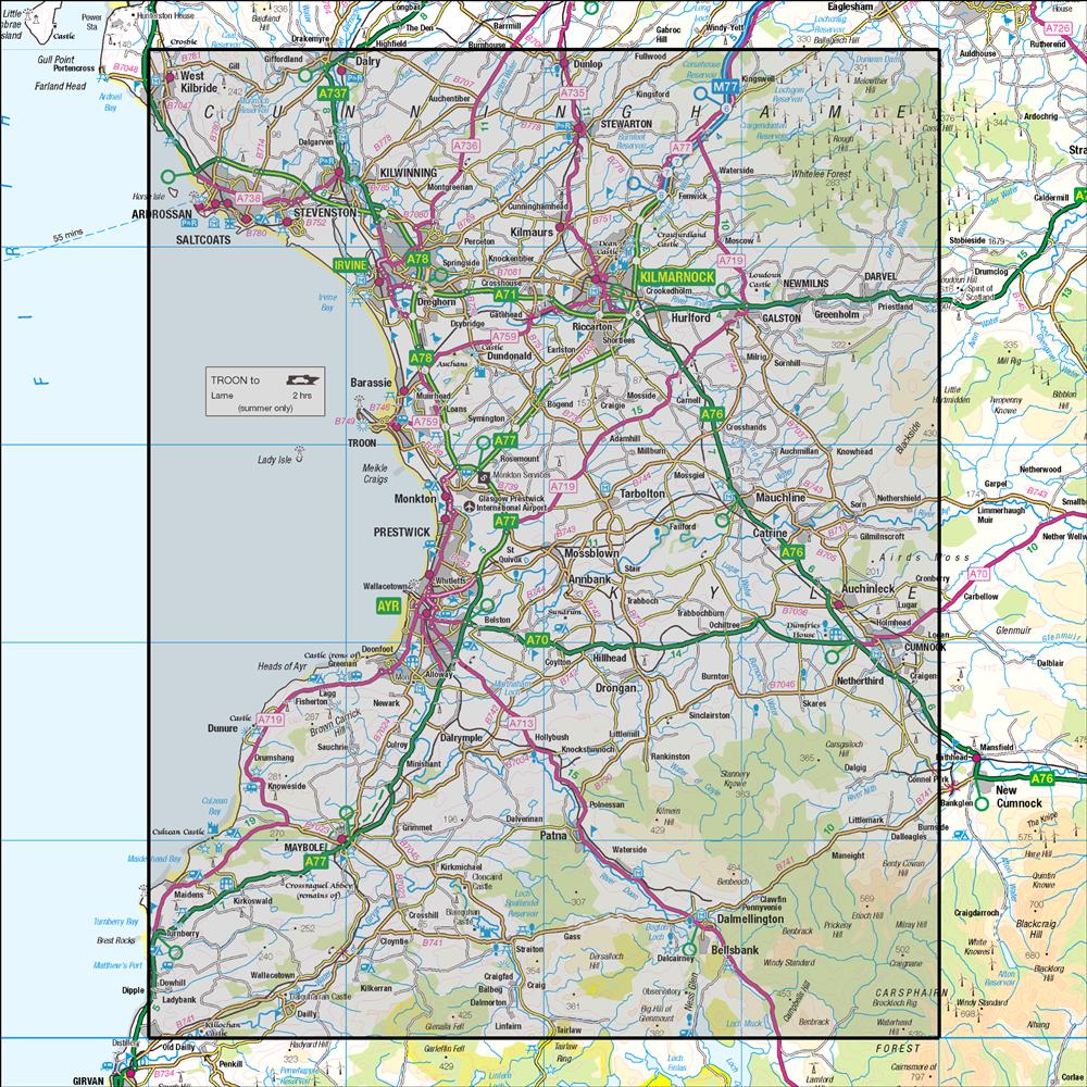 Outdoor Map Navigator image showing the area of the 1:50,000 scale Ordnance Survey Landranger map 70 Ayr, Kilmarnock & Troon