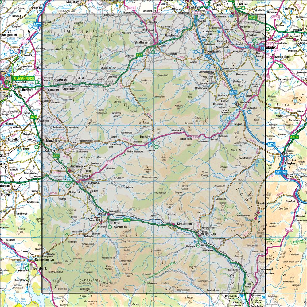 Outdoor Map Navigator image showing the area of the 1:50,000 scale Ordnance Survey Landranger map 71 Lanark & Upper Nithsdale