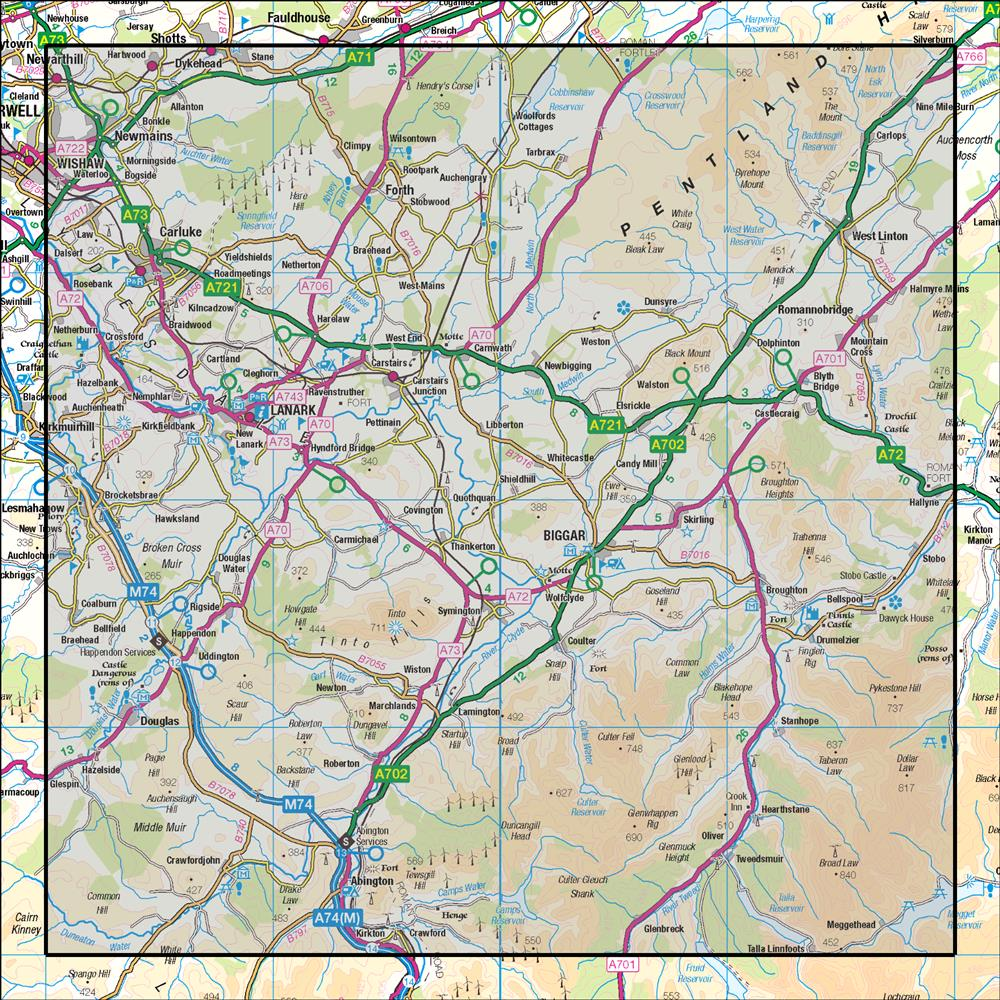 Outdoor Map Navigator image showing the area of the 1:50,000 scale Ordnance Survey Landranger map 72 Upper Clyde Valley Biggar & Lanark