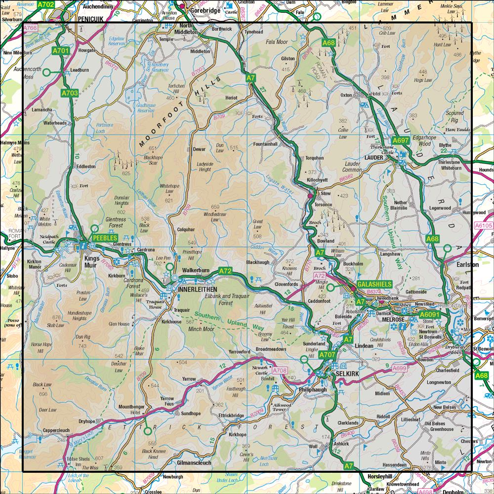 Outdoor Map Navigator image showing the area of the 1:50,000 scale Ordnance Survey Landranger map 73 Peebles, Galashiels & Selkirk Tweed Valley