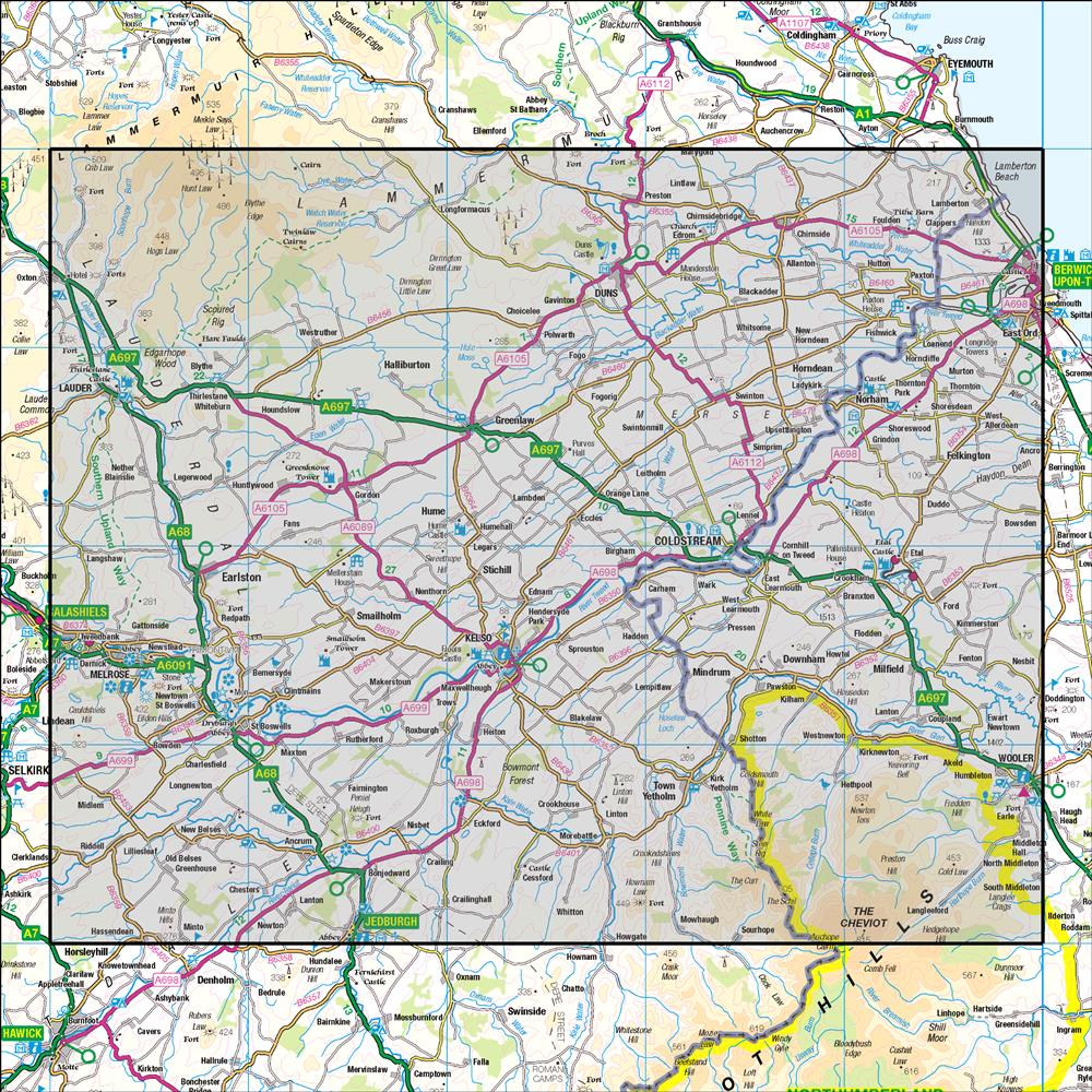 Outdoor Map Navigator image showing the area of the 1:50,000 scale Ordnance Survey Landranger map 74 Kelso & Coldstream Jedburgh & Duns