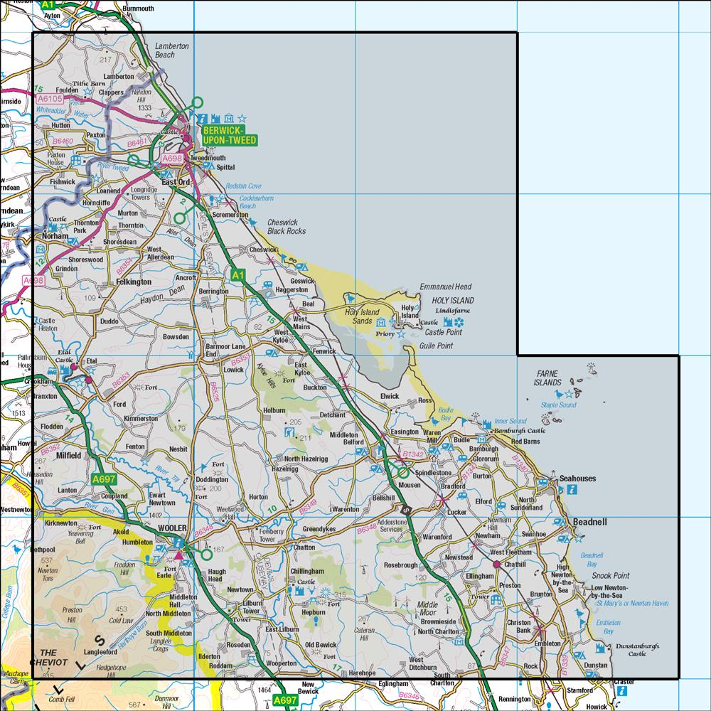 Outdoor Map Navigator image showing the area of the 1:50,000 scale Ordnance Survey Landranger map 75 Berwick-upon-Tweed Holy Island & Wooler