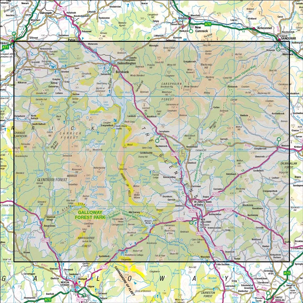 Outdoor Map Navigator image showing the area of the 1:50,000 scale Ordnance Survey Landranger map 77 Dalmellington & New Galloway Galloway Forest Park
