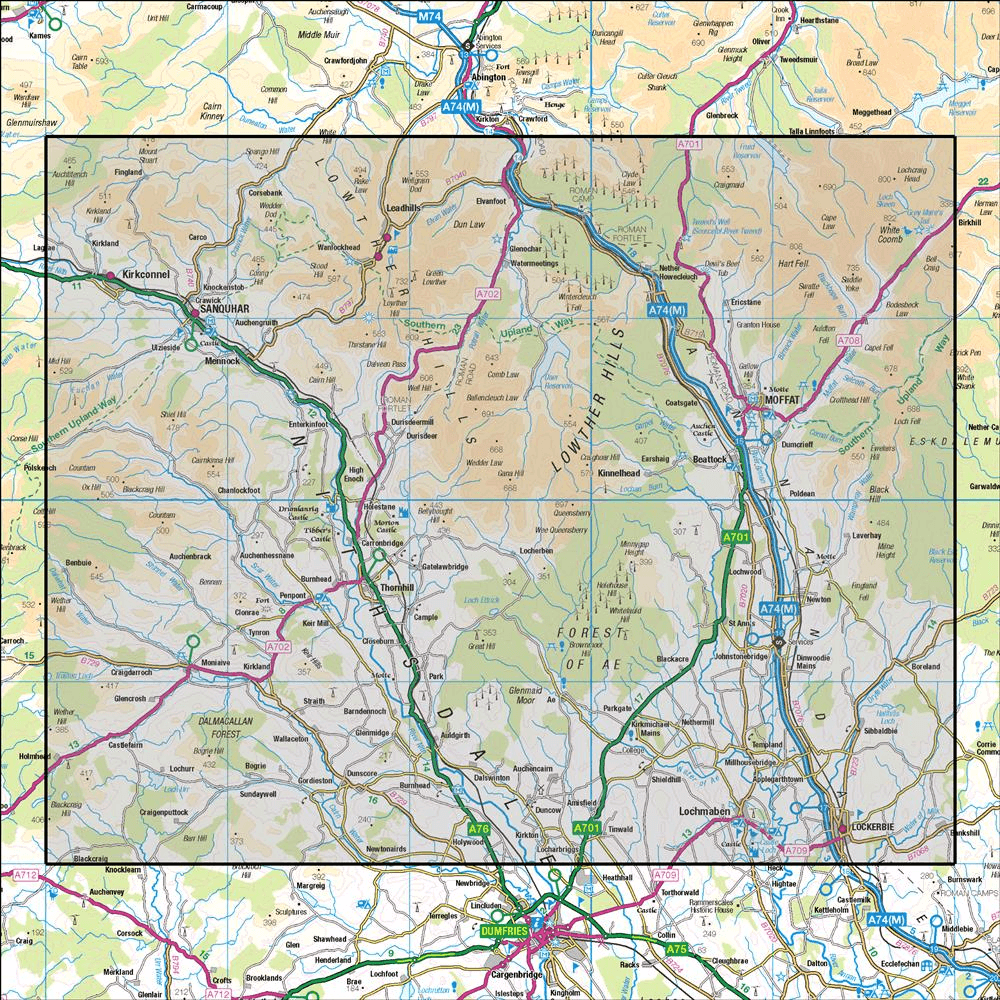 Outdoor Map Navigator image showing the area of the 1:50,000 scale Ordnance Survey Landranger map 78 Nithsdale & Annandale Sanquhar & Moffat