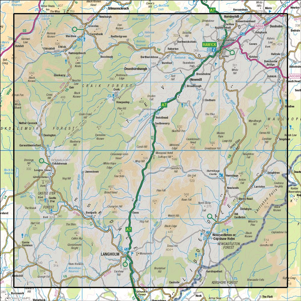 Outdoor Map Navigator image showing the area of the 1:50,000 scale Ordnance Survey Landranger map 79 Hawick & Eskdale Langholm