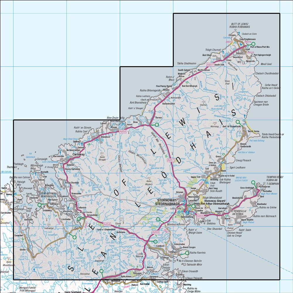 Outdoor Map Navigator image showing the area of the 1:50,000 scale Ordnance Survey Landranger map 8 Stornoway & North Lewis
