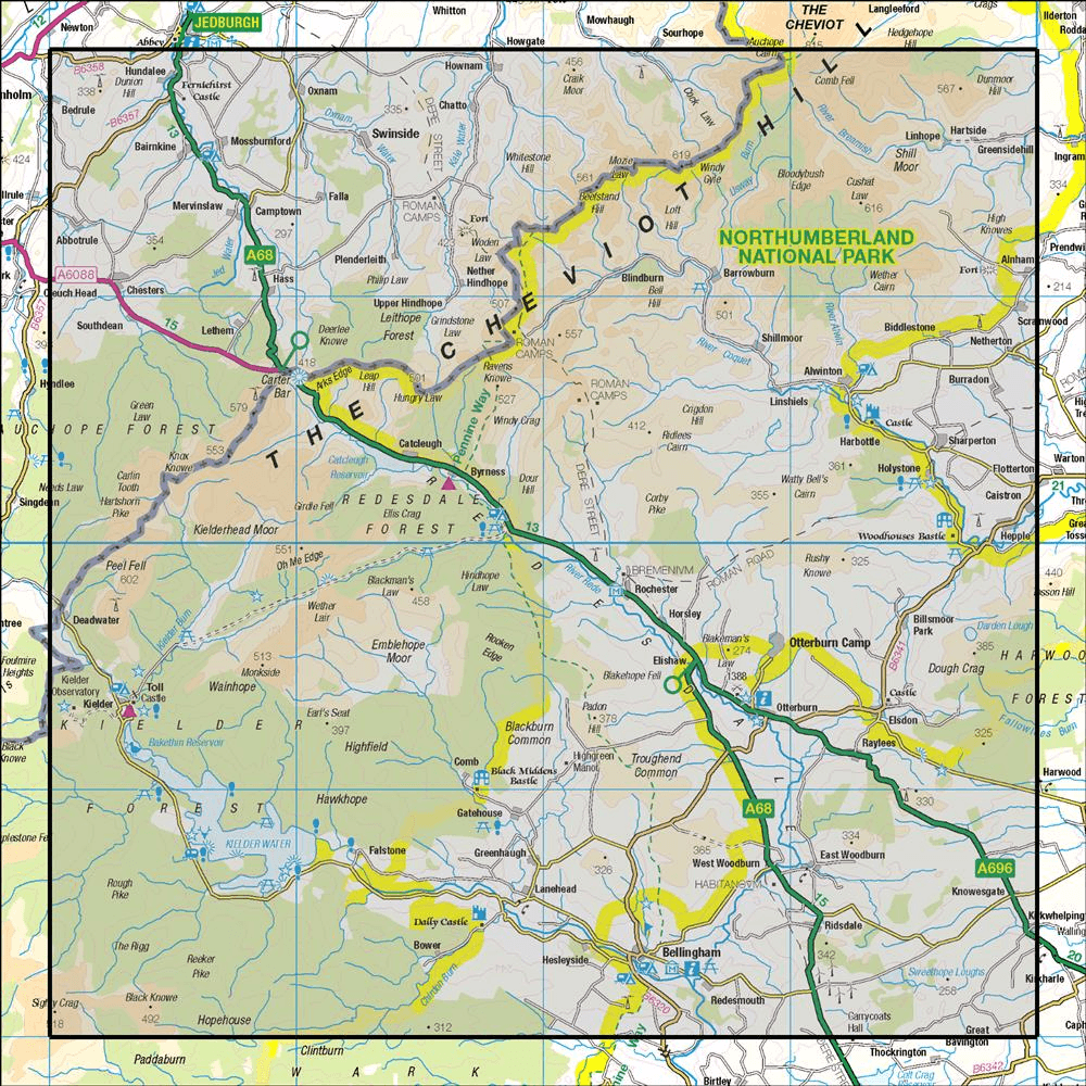 Outdoor Map Navigator image showing the area of the 1:50,000 scale Ordnance Survey Landranger map 80 Cheviot Hills & Kielder Water