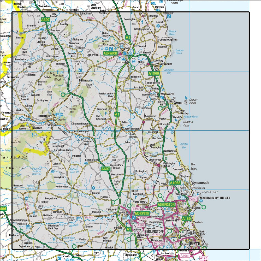 Outdoor Map Navigator image showing the area of the 1:50,000 scale Ordnance Survey Landranger map 81 Alnwick & Morpeth Rothbury & Amble