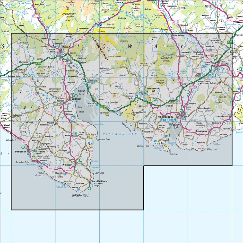 Outdoor Map Navigator image showing the area of the 1:50,000 scale Ordnance Survey Landranger map 83 Newton Stewart & Kirkcudbright Gatehouse of Fleet