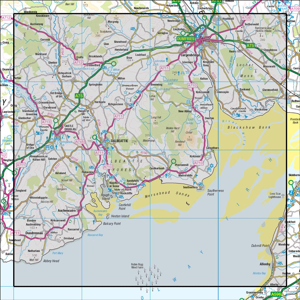 Outdoor Map Navigator image showing the area of the 1:50,000 scale Ordnance Survey Landranger map 84 Dumfries & Castle Douglas