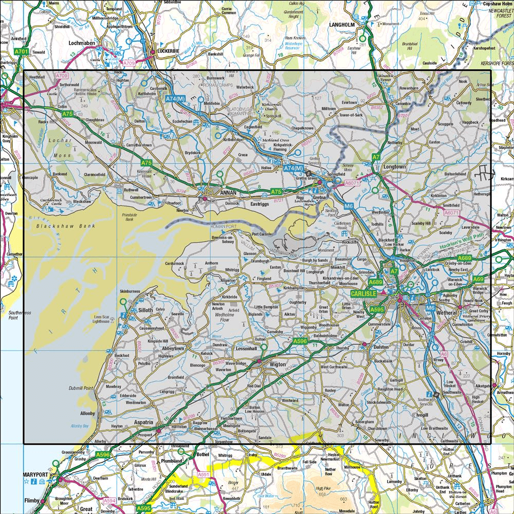 Outdoor Map Navigator image showing the area of the 1:50,000 scale Ordnance Survey Landranger map 85 Carlisle & Solway Firth Gretna Green