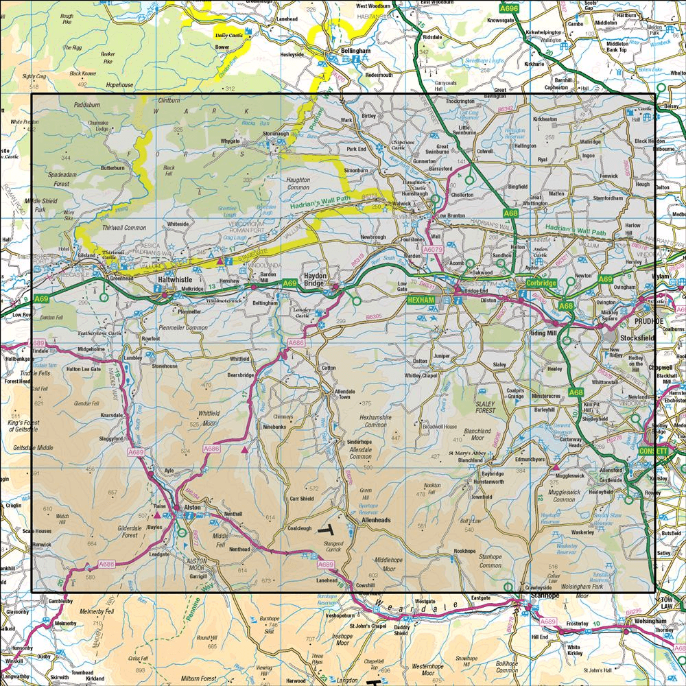 Outdoor Map Navigator image showing the area of the 1:50,000 scale Ordnance Survey Landranger map 87 Hexham & Haltwhistle