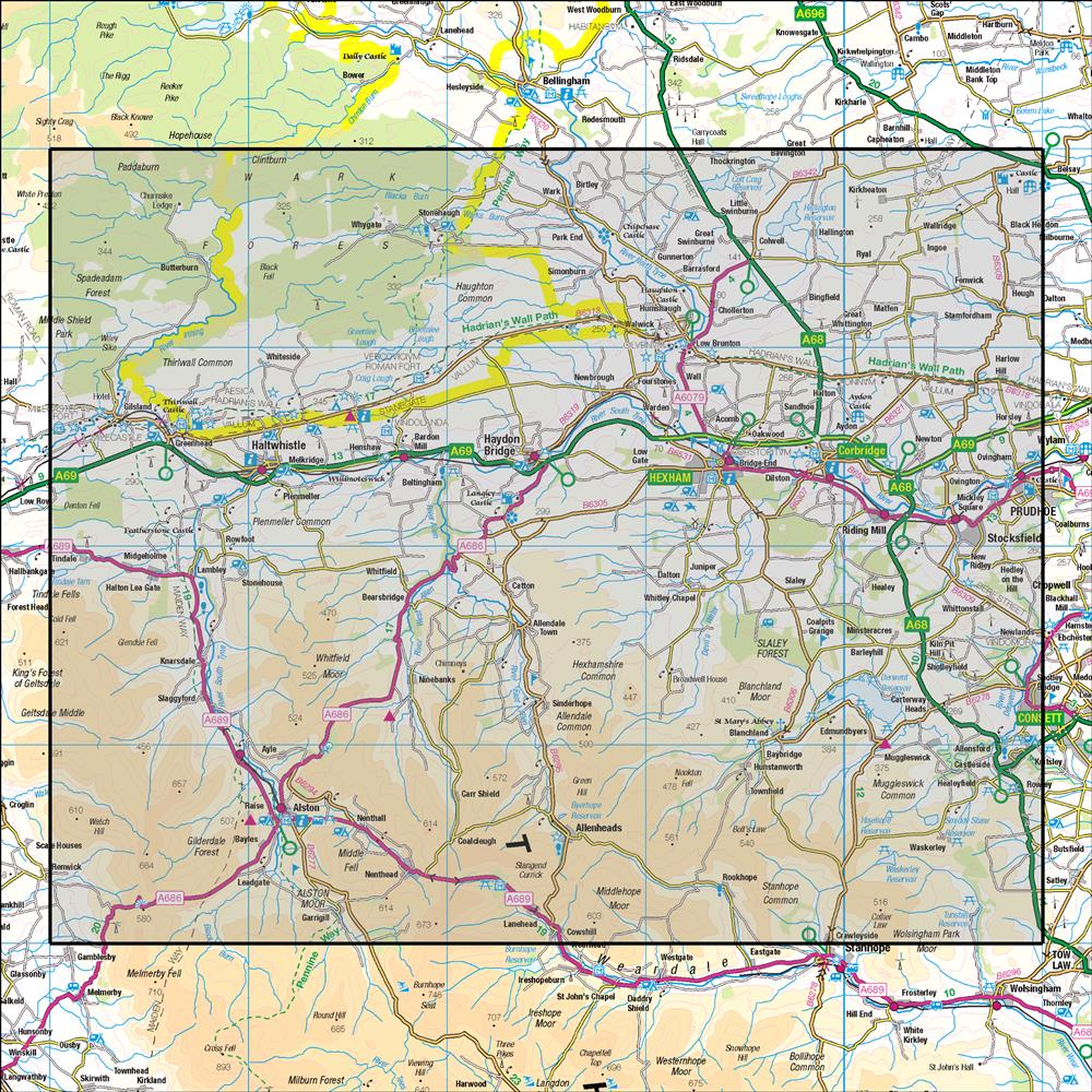 Outdoor Map Navigator image showing the area of the 1:50,000 scale Ordnance Survey Landranger map 87 Hexham & Haltwhistle
