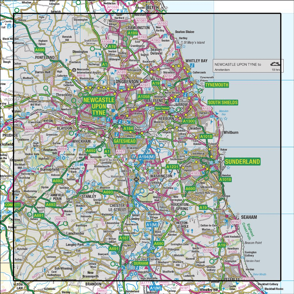Outdoor Map Navigator image showing the area of the 1:50,000 scale Ordnance Survey Landranger map 88 Newcastle upon Tyne Durham & Sunderland