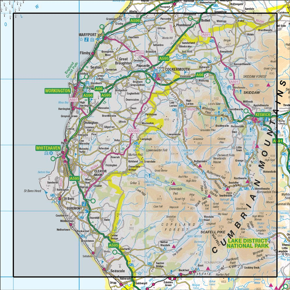 Outdoor Map Navigator image showing the area of the 1:50,000 scale Ordnance Survey Landranger map 89 West Cumbria Cockermouth & Wast Water