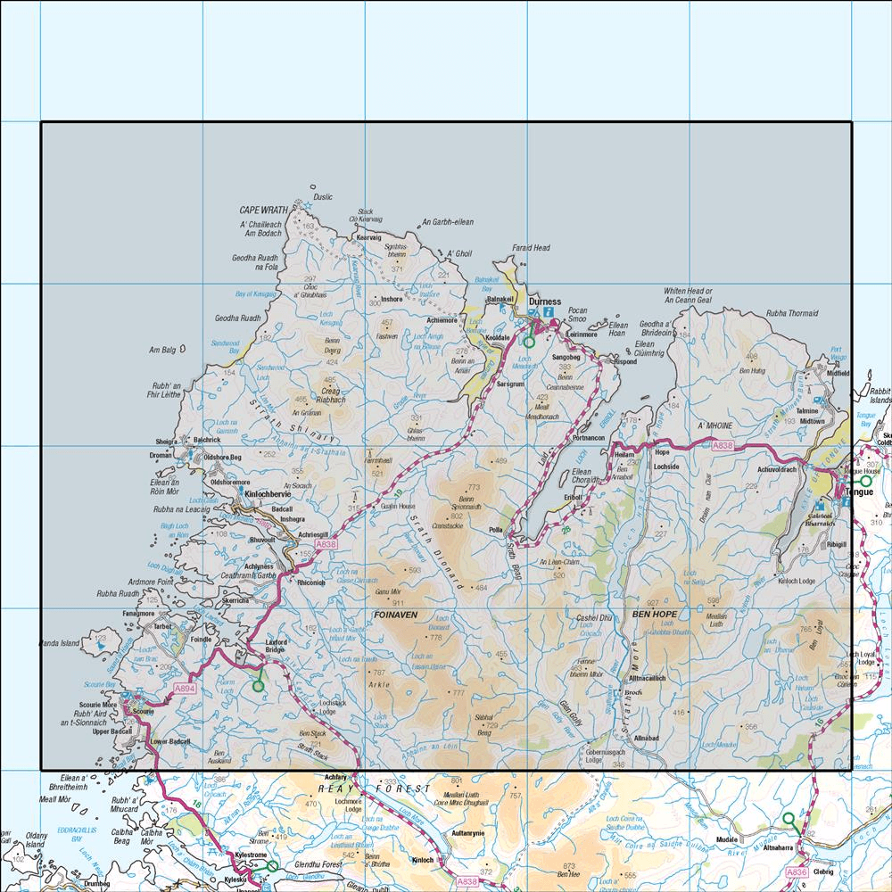 Outdoor Map Navigator image showing the area of the 1:50,000 scale Ordnance Survey Landranger map 9 Cape Wrath Durness & Scourie