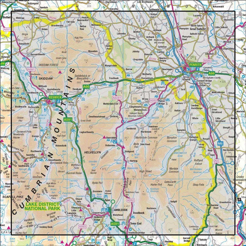 Outdoor Map Navigator image showing the area of the 1:50,000 scale Ordnance Survey Landranger map 90 Penrith & Keswick Ambleside