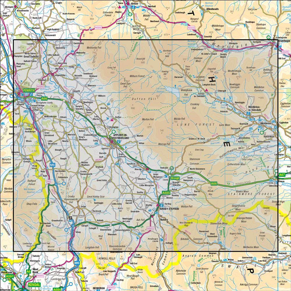 Outdoor Map Navigator image showing the area of the 1:50,000 scale Ordnance Survey Landranger map 91 Appleby-in-Westmorland Brough & Kirkby Stephen
