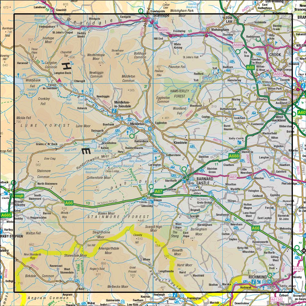 Outdoor Map Navigator image showing the area of the 1:50,000 scale Ordnance Survey Landranger map 92 Barnard Castle & Richmond Teesdale