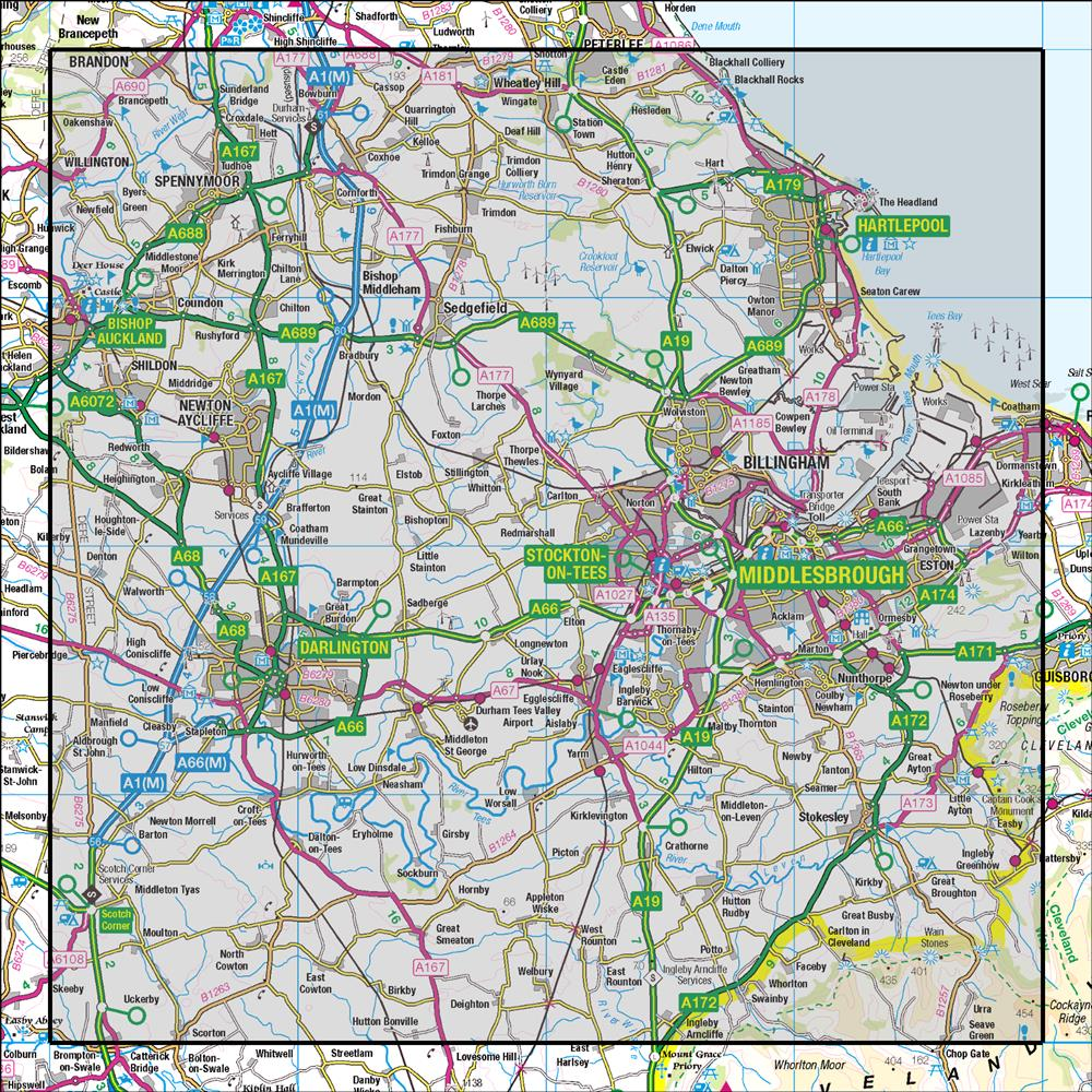 Outdoor Map Navigator image showing the area of the 1:50,000 scale Ordnance Survey Landranger map 93 Middlesbrough Darlington & Hartlepool