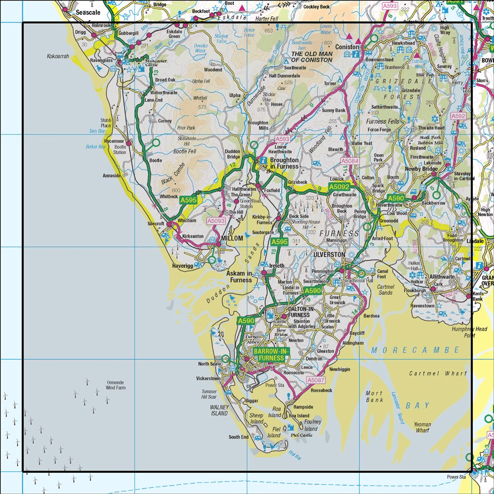 Outdoor Map Navigator image showing the area of the 1:50,000 scale Ordnance Survey Landranger map 96 Barrow-in-Furness & South Lakeland