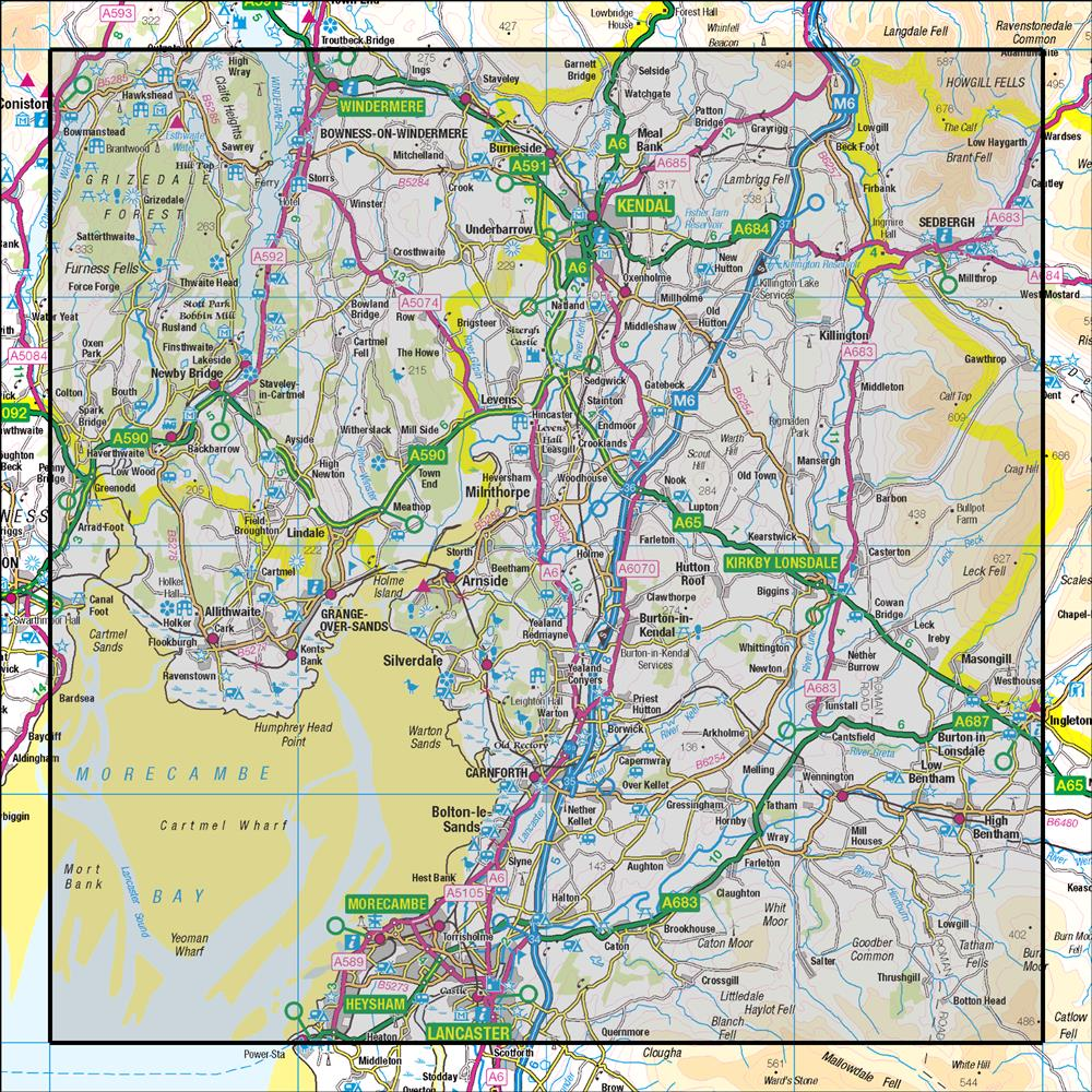 Outdoor Map Navigator image showing the area of the 1:50,000 scale Ordnance Survey Landranger map 97 Kendal & Morecambe Windermere & Lancaster