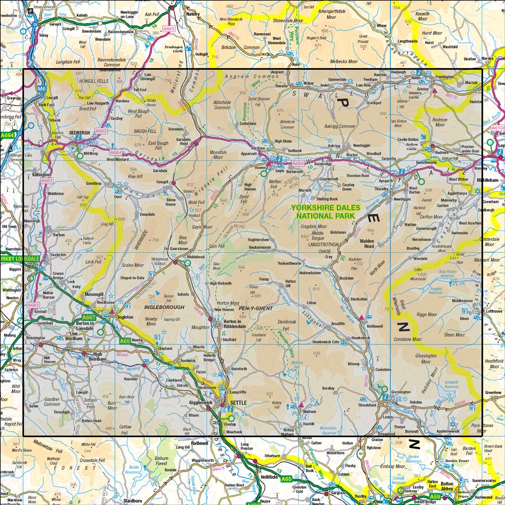 Outdoor Map Navigator image showing the area of the 1:50,000 scale Ordnance Survey Landranger map 98 Wensleydale & Upper Wharfedale