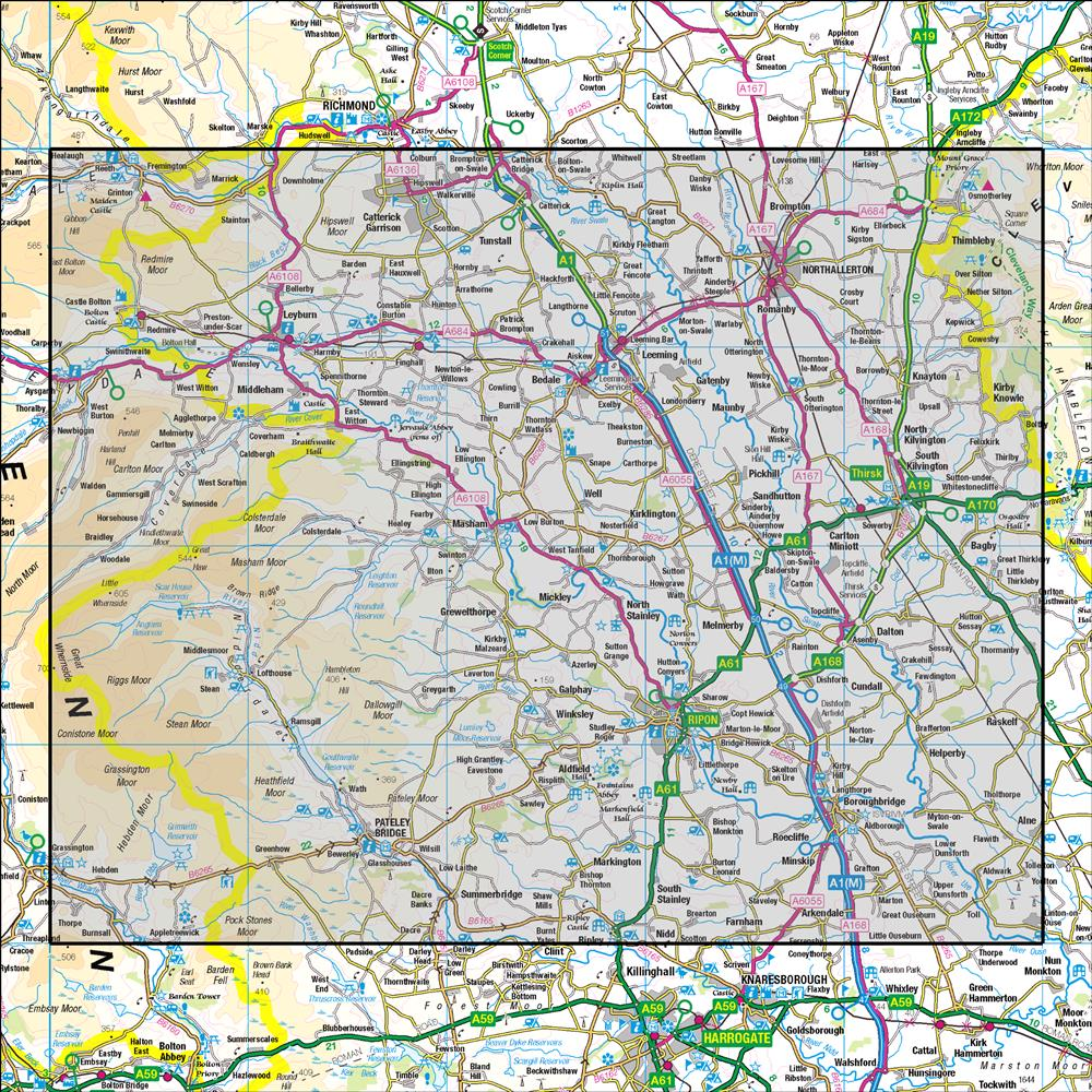 Outdoor Map Navigator image showing the area of the 1:50,000 scale Ordnance Survey Landranger map 99 Northallerton & Ripon Pateley Bridge & Leyburn
